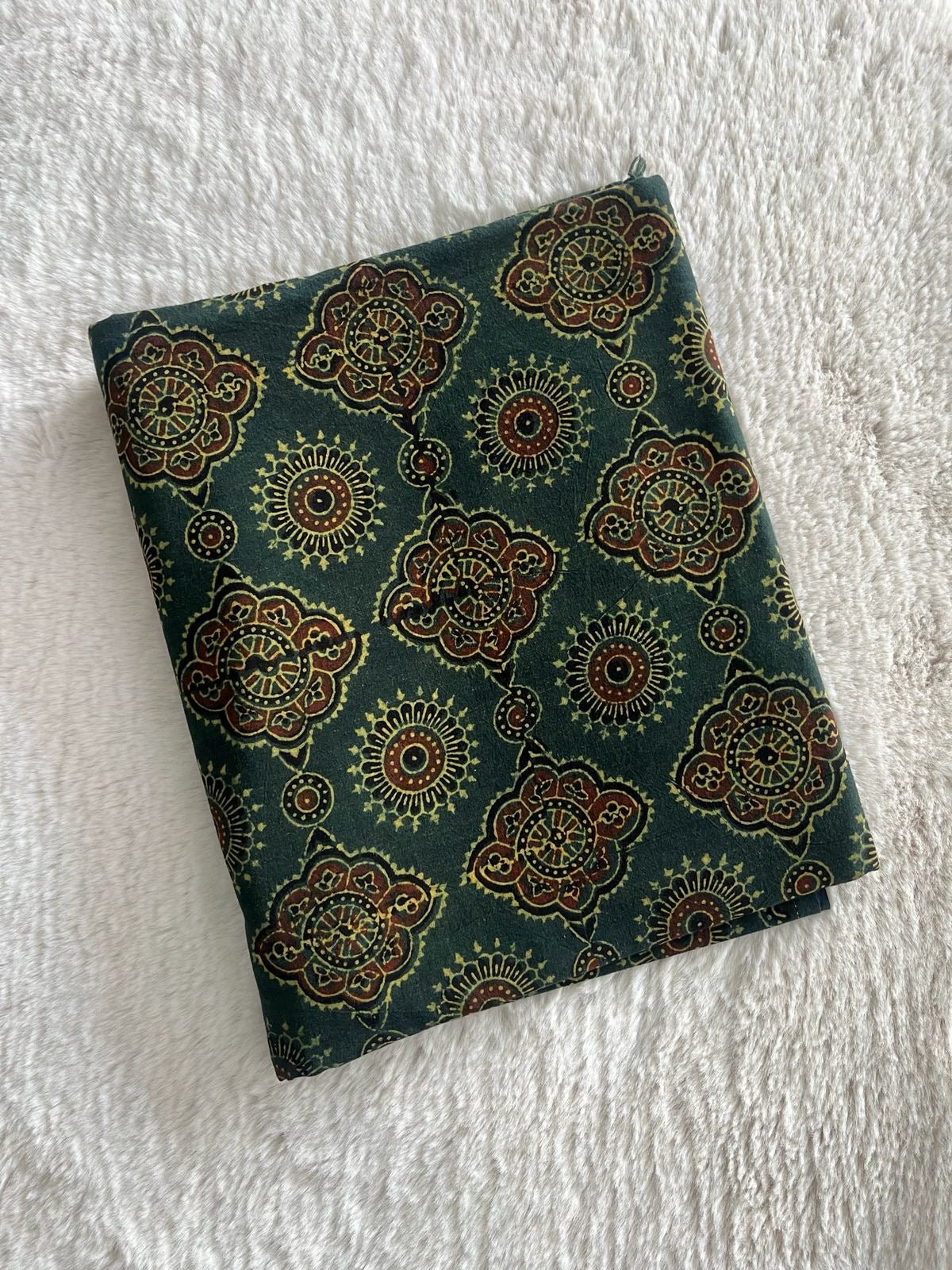 Green Mandala Block Print Natural Dyed Cotton Ajrakh Fabric - Neela Ghar