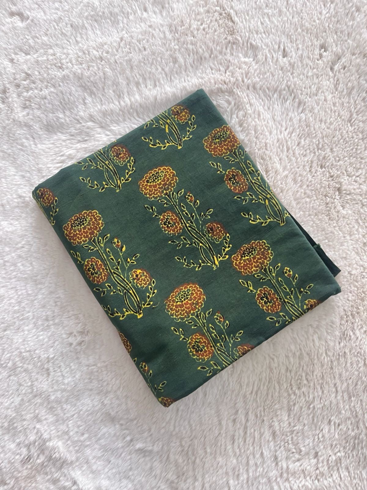 Green Sunflower Block Print Natural Dyed Cotton Ajrakh Fabric - Neela Ghar