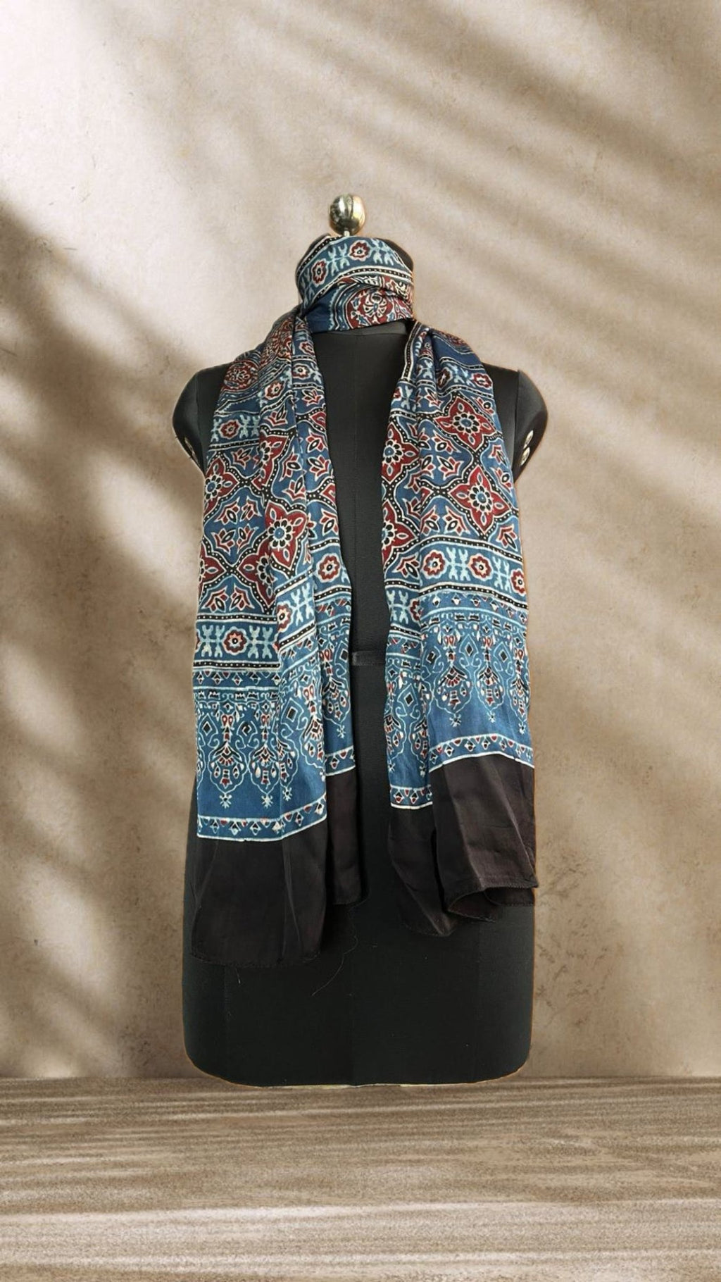 Indigo Canopy Ajrakh Hand Block Printed Natural Dyed Modal Silk Stole - Neela Ghar