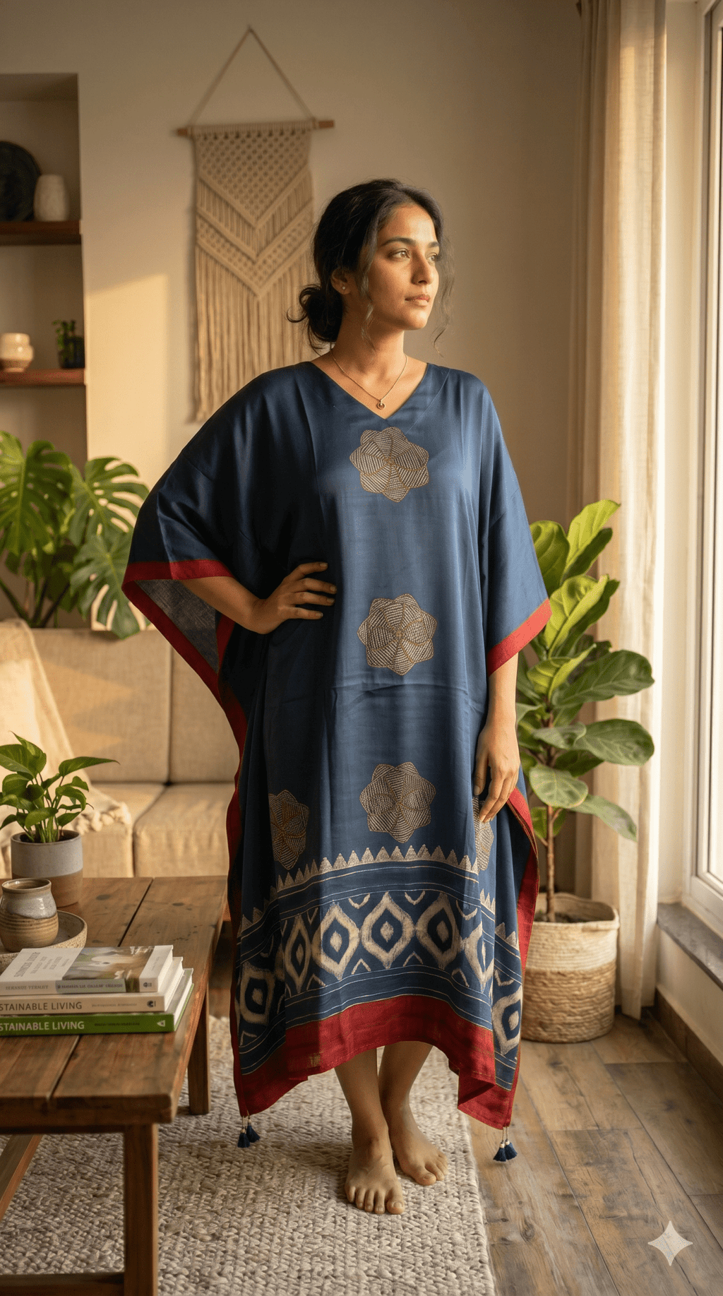 Indigo Chakra Hand Block Print Ajarakh Kaftan Dress, Modal Silk, Indigo Blue Maxi for Women, Free Size - Neela Ghar