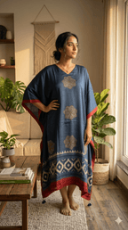 Indigo Chakra Hand Block Print Ajarakh Kaftan Dress, Modal Silk, Indigo Blue Maxi for Women, Free Size - Neela Ghar