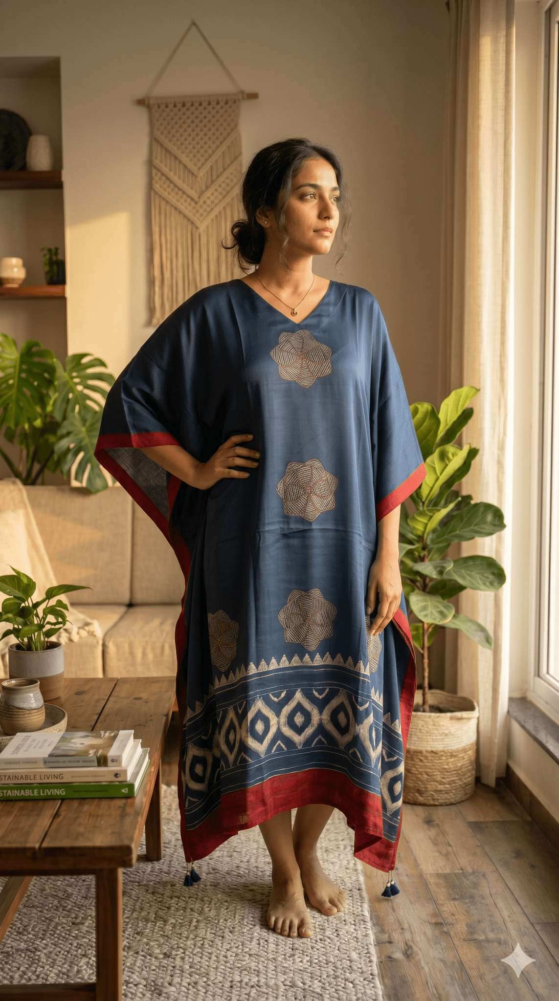 Indigo Chakra Hand Block Print Ajarakh Kaftan Dress, Modal Silk, Indigo Blue Maxi for Women, Free Size - Neela Ghar