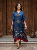 Indigo Chakra Hand Block Print Ajarakh Kaftan Dress, Modal Silk, Indigo Blue Maxi for Women, Free Size - Neela Ghar