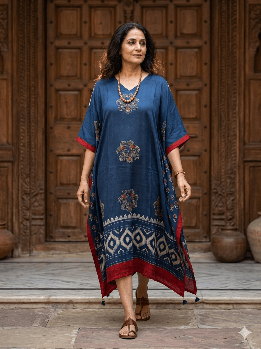 Indigo Chakra Hand Block Print Ajarakh Kaftan Dress, Modal Silk, Indigo Blue Maxi for Women, Free Size - Neela Ghar