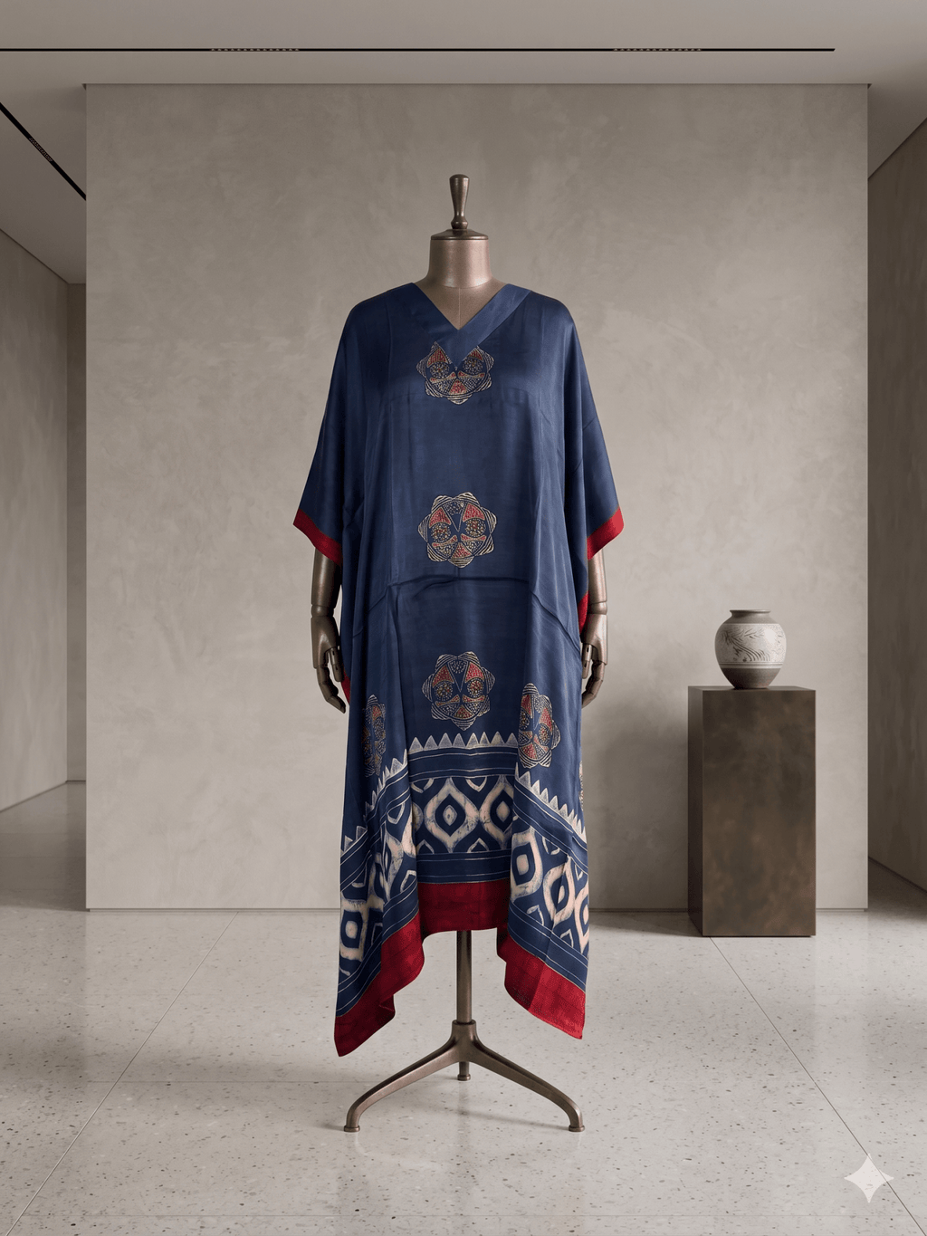 Indigo Chakra Hand Block Print Ajarakh Kaftan Dress, Modal Silk, Indigo Blue Maxi for Women, Free Size - Neela Ghar