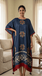 Indigo Chakra Hand Block Print Ajarakh Kaftan Dress, Modal Silk, Indigo Blue Maxi for Women, Free Size - Neela Ghar