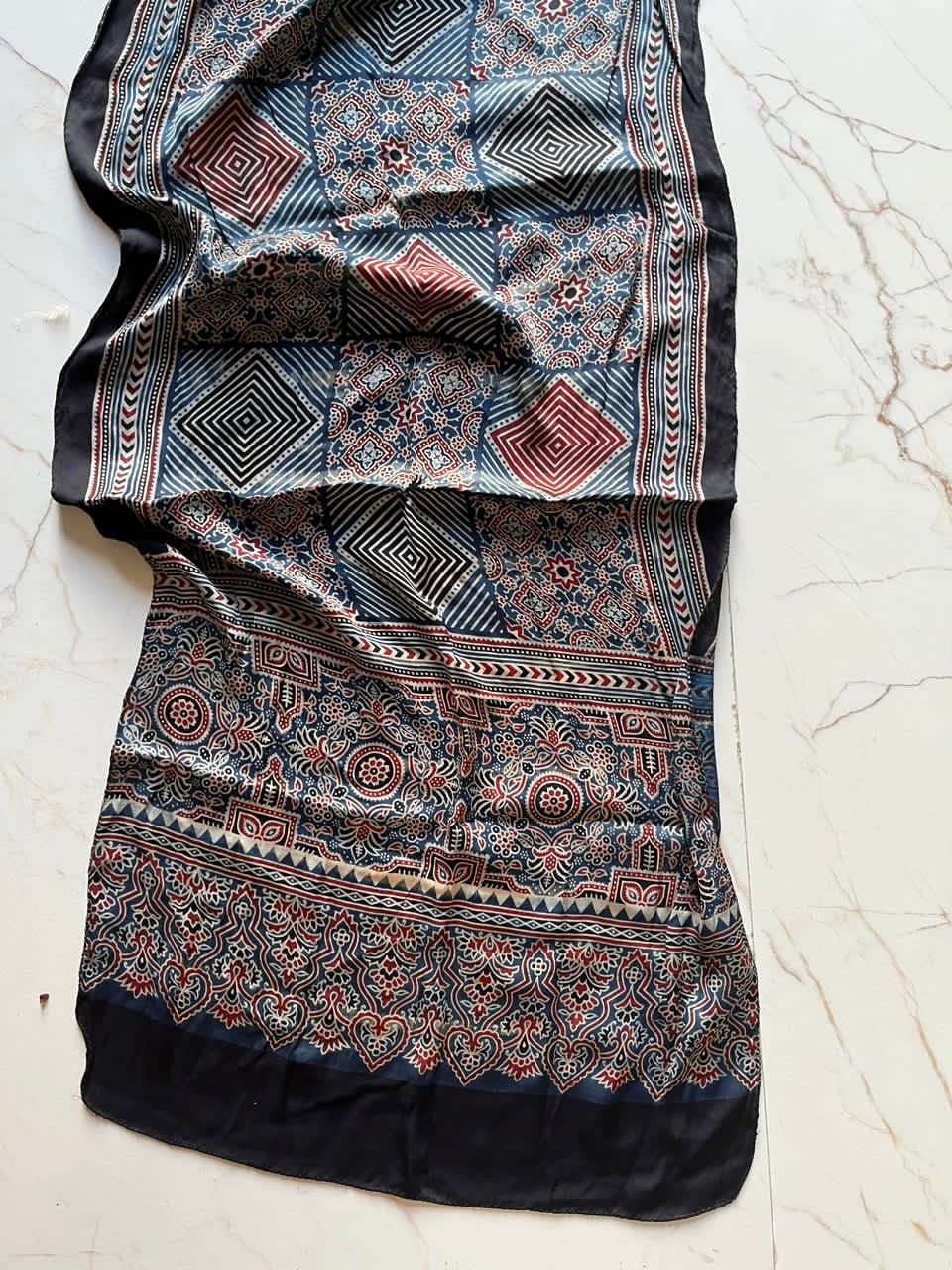 Indigo Diamond Ajrakh Hand Block Printed Natural Dyed Modal Silk Stole - Neela Ghar