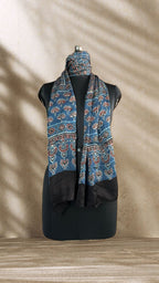Indigo Lotus Hand Block Printed Natural Dyed Modal Silk Stole - Neela Ghar