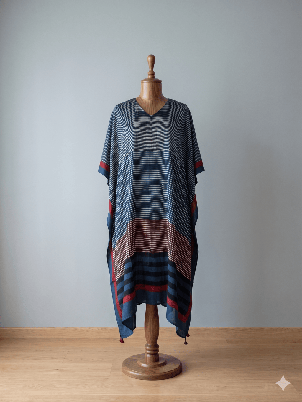 Indigo Micro Stripes Hand Block Print Ajarakh Kaftan Dress, Modal Silk, Indigo Blue Maxi for Women, Free Size - Neela Ghar