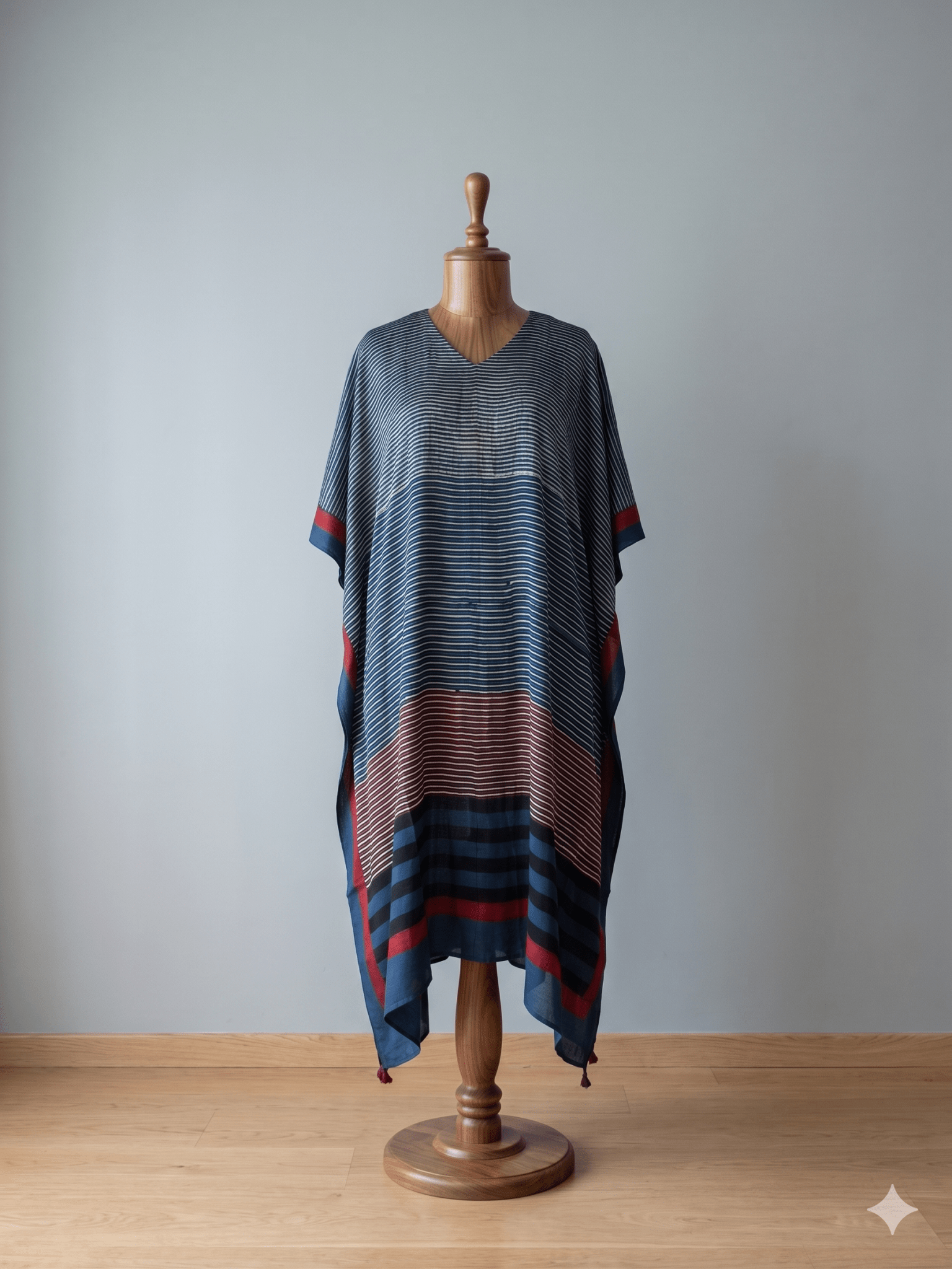 Indigo Micro Stripes Hand Block Print Ajarakh Kaftan Dress, Modal Silk, Indigo Blue Maxi for Women, Free Size - Neela Ghar