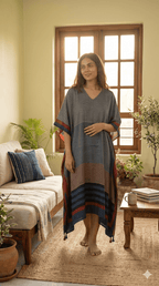 Indigo Micro Stripes Hand Block Print Ajarakh Kaftan Dress, Modal Silk, Indigo Blue Maxi for Women, Free Size - Neela Ghar