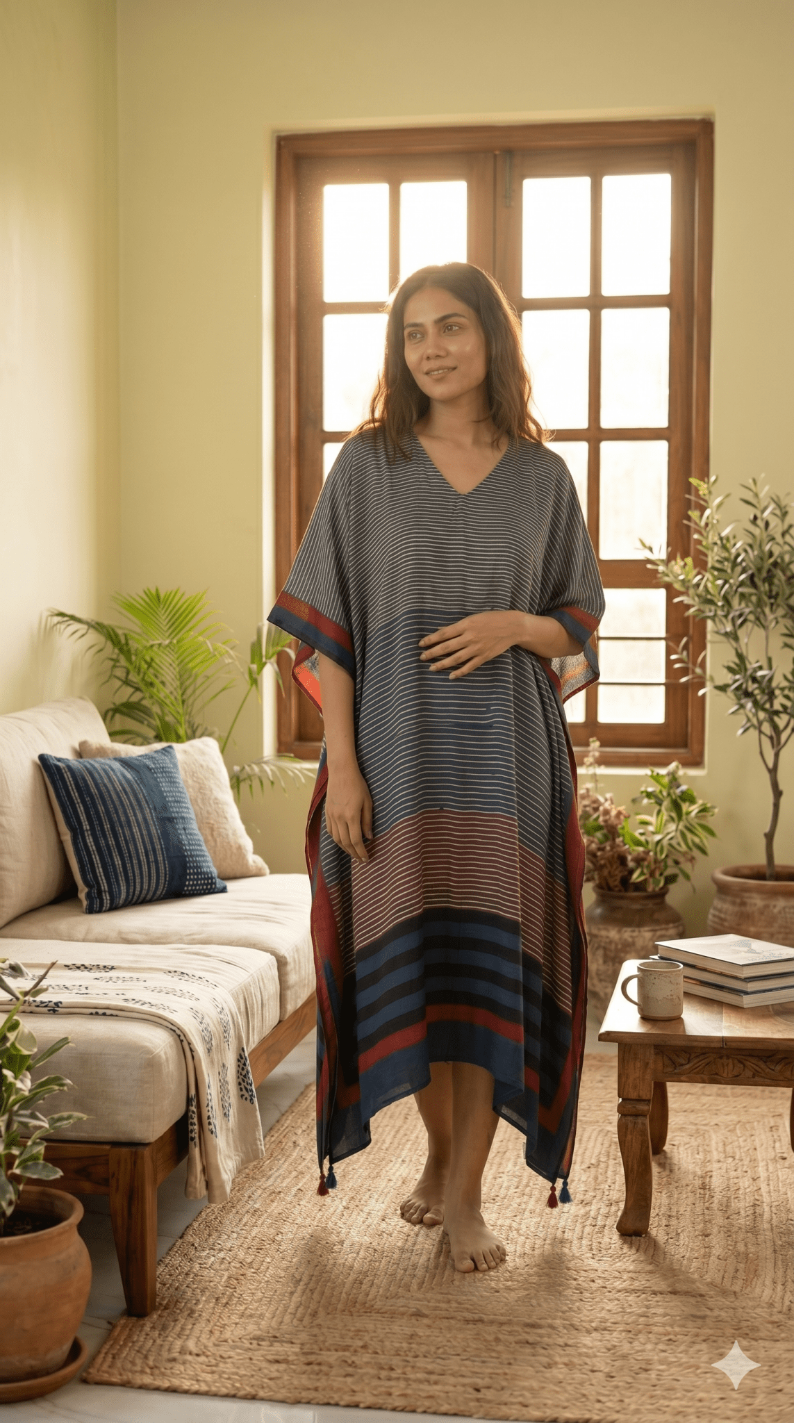 Indigo Micro Stripes Hand Block Print Ajarakh Kaftan Dress, Modal Silk, Indigo Blue Maxi for Women, Free Size - Neela Ghar