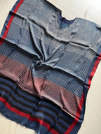 Indigo Micro Stripes Hand Block Print Ajarakh Kaftan Dress, Modal Silk, Indigo Blue Maxi for Women, Free Size - Neela Ghar