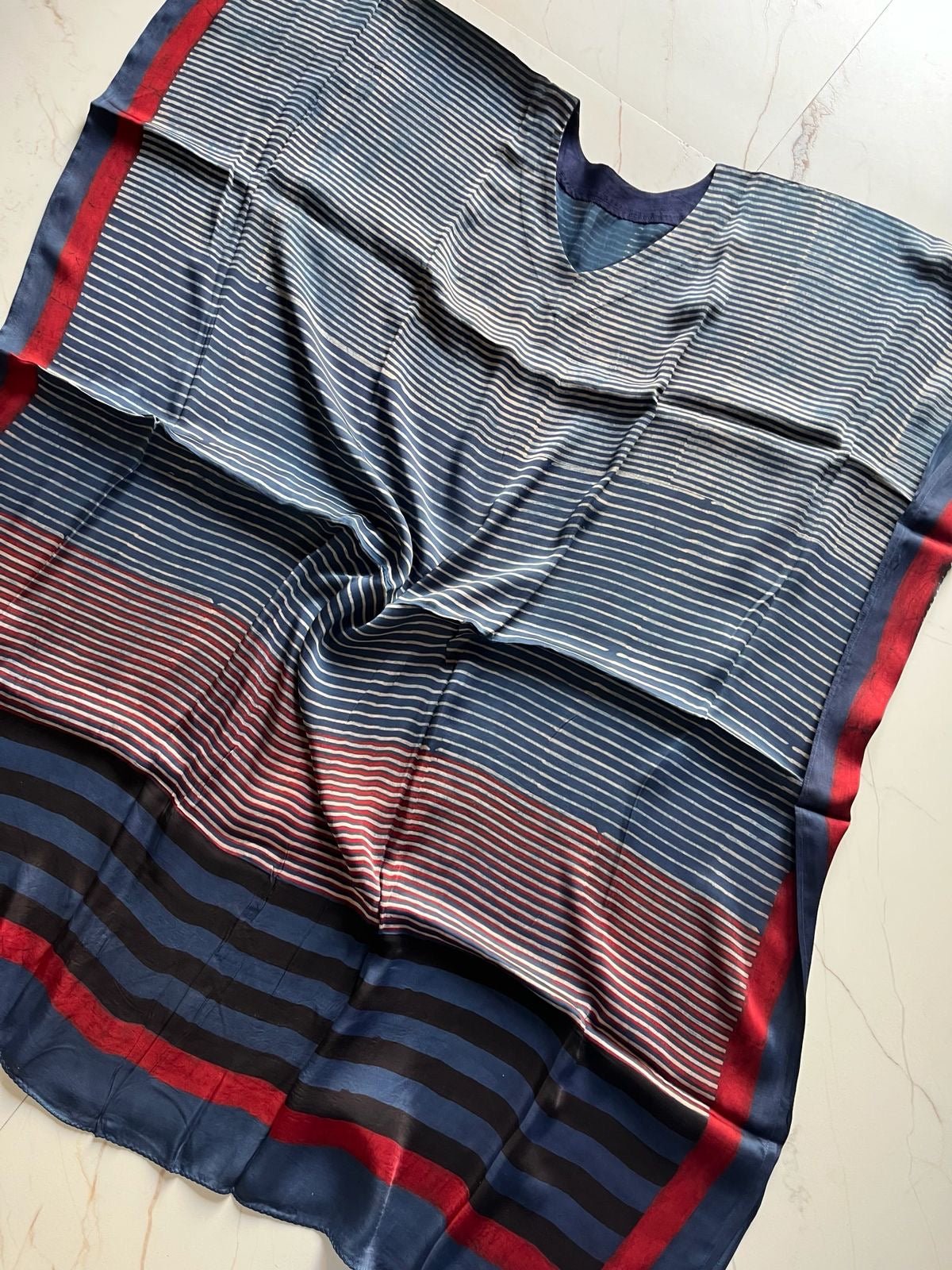 Indigo Micro Stripes Hand Block Print Ajarakh Kaftan Dress, Modal Silk, Indigo Blue Maxi for Women, Free Size - Neela Ghar