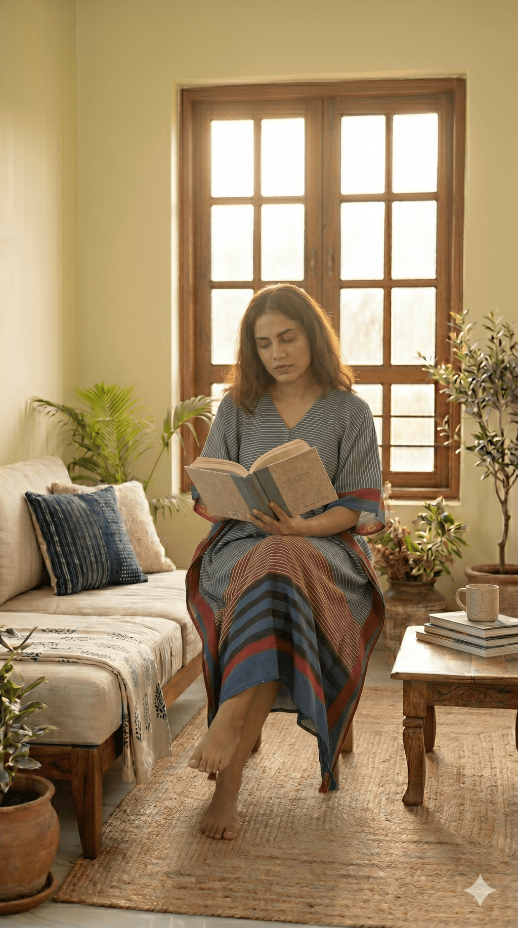 Indigo Micro Stripes Hand Block Print Ajarakh Kaftan Dress, Modal Silk, Indigo Blue Maxi for Women, Free Size - Neela Ghar
