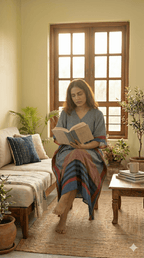 Indigo Micro Stripes Hand Block Print Ajarakh Kaftan Dress, Modal Silk, Indigo Blue Maxi for Women, Free Size - Neela Ghar