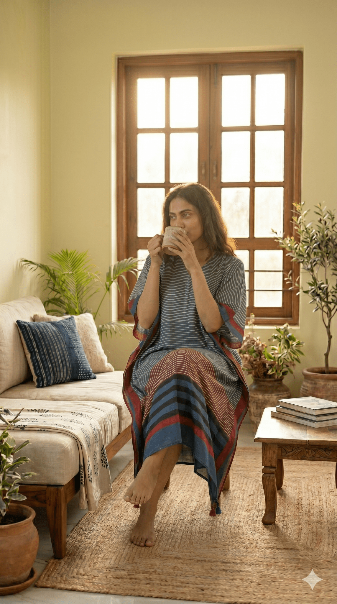 Indigo Micro Stripes Hand Block Print Ajarakh Kaftan Dress, Modal Silk, Indigo Blue Maxi for Women, Free Size - Neela Ghar