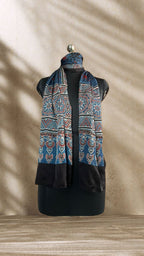 Indigo Star Ajrakh Hand Block Printed Natural Dyed Modal Silk Stole - Neela Ghar