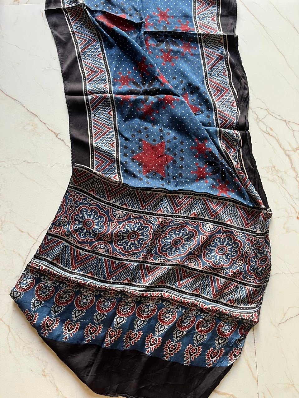 Indigo Star Ajrakh Hand Block Printed Natural Dyed Modal Silk Stole - Neela Ghar