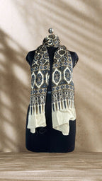 Ivory Ajrakh Hand Block Printed Natural Dyed Modal Silk Stole - Neela Ghar