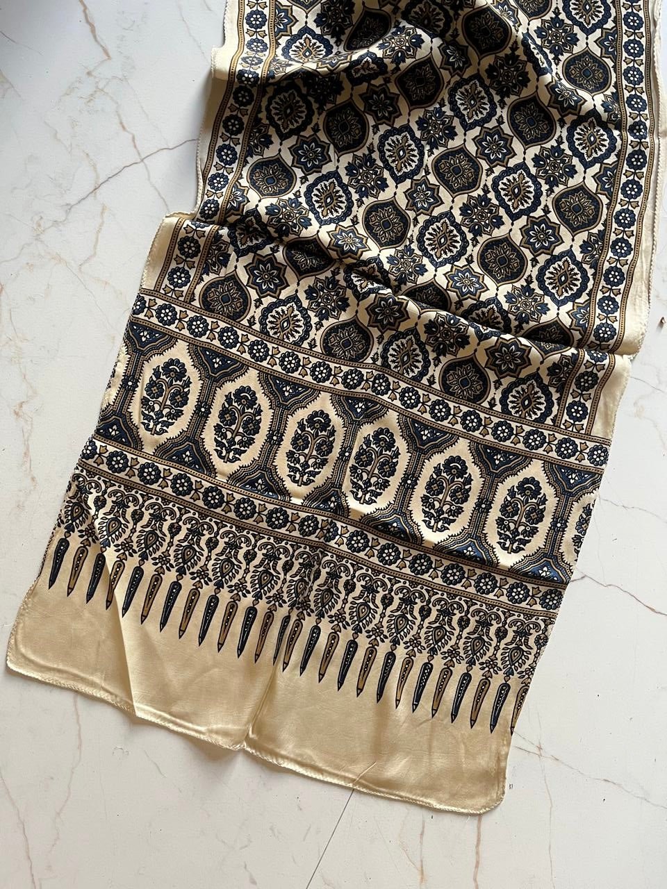 Ivory Ajrakh Hand Block Printed Natural Dyed Modal Silk Stole - Neela Ghar