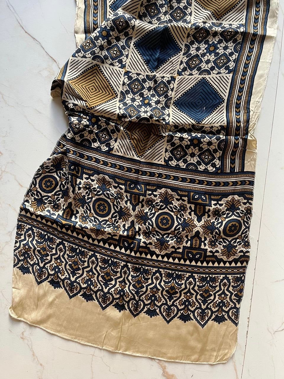 Ivory Diamond Ajrakh Hand Block Printed Natural Dyed Modal Silk Stole - Neela Ghar