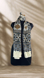 Ivory Diamond Ajrakh Hand Block Printed Natural Dyed Modal Silk Stole - Neela Ghar