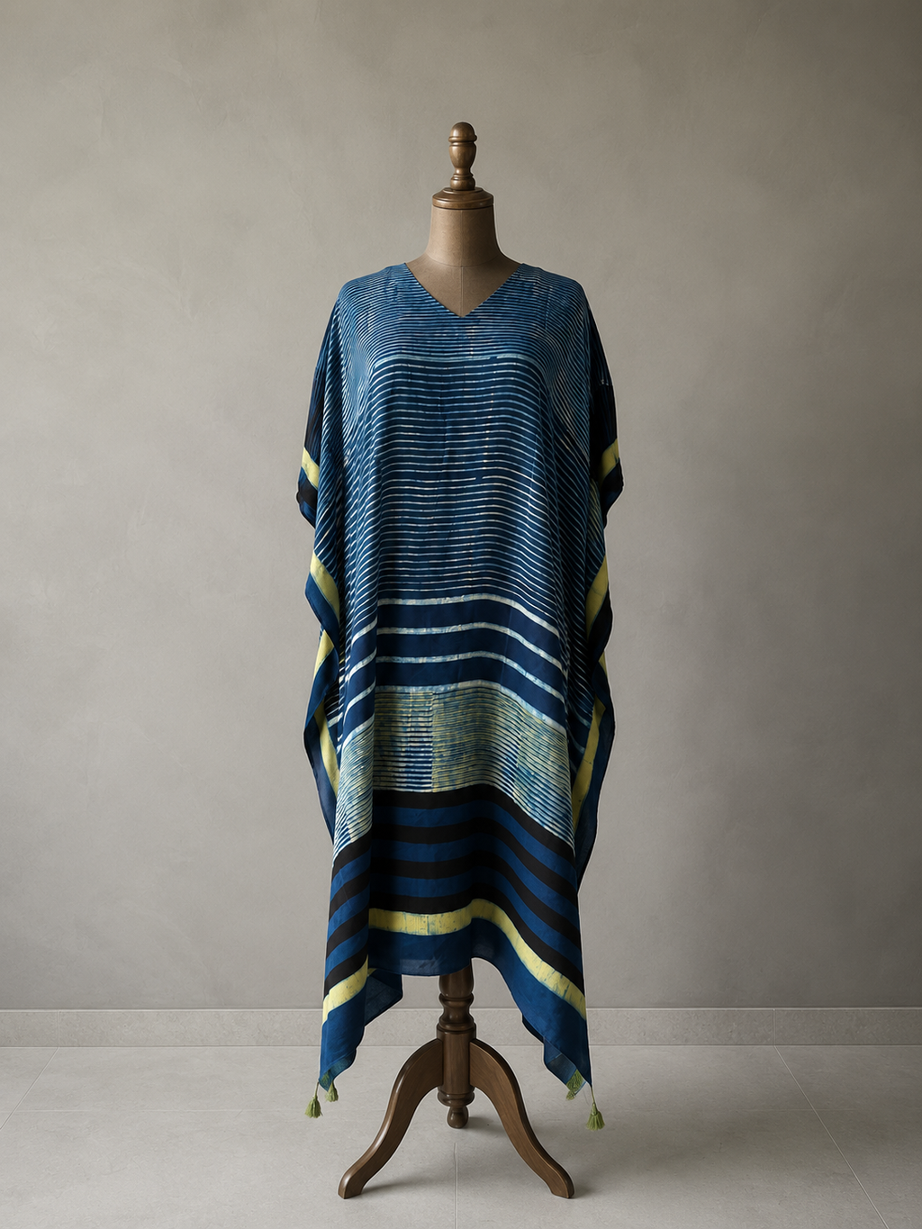 Indigo Microstripes Hand Block Print Ajarakh Kaftan Dress, Modal Silk, Indigo Blue Maxi for Women, Free Size