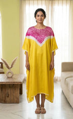 Lemon Yellow/Pink Shibori ombre silk kaftan Neela Ghar dress for women - Neela Ghar