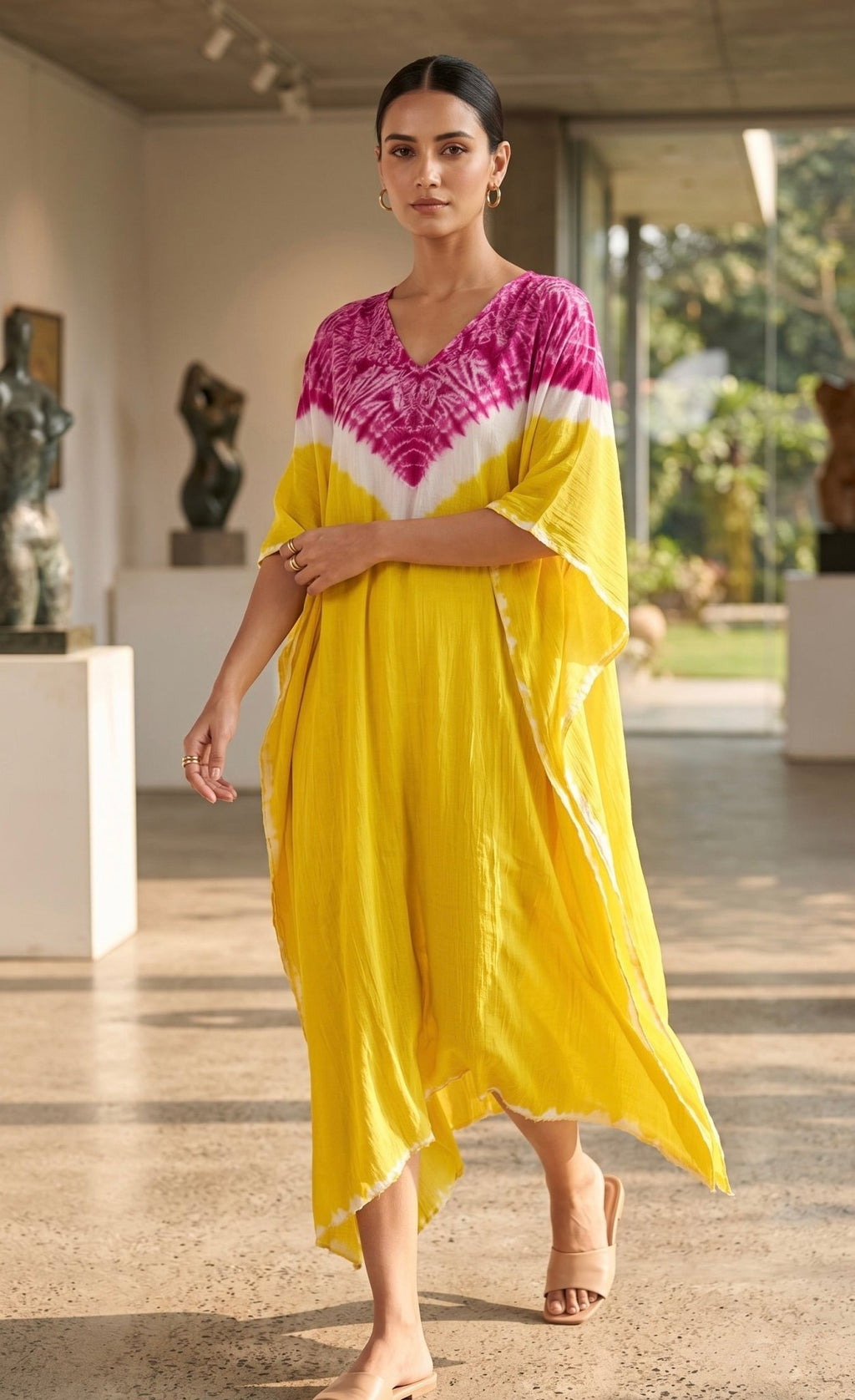 Lemon Yellow/Pink Shibori ombre silk kaftan Neela Ghar dress for women - Neela Ghar