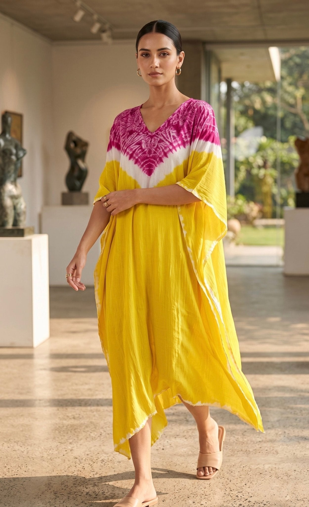 Lemon Yellow/Pink Shibori ombre silk kaftan Neela Ghar dress for women - Neela Ghar