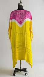 Lemon Yellow/Pink Shibori ombre silk kaftan Neela Ghar dress for women - Neela Ghar