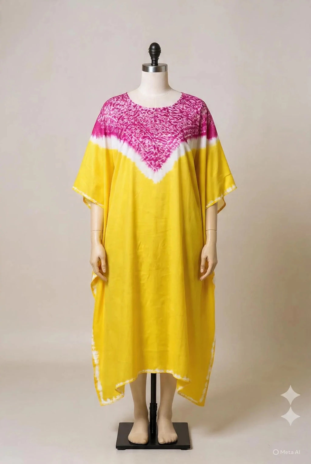 Lemon Yellow/Pink Shibori ombre silk kaftan Neela Ghar dress for women - Neela Ghar