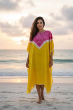 Lemon Yellow/Pink Shibori ombre silk kaftan Neela Ghar dress for women - Neela Ghar
