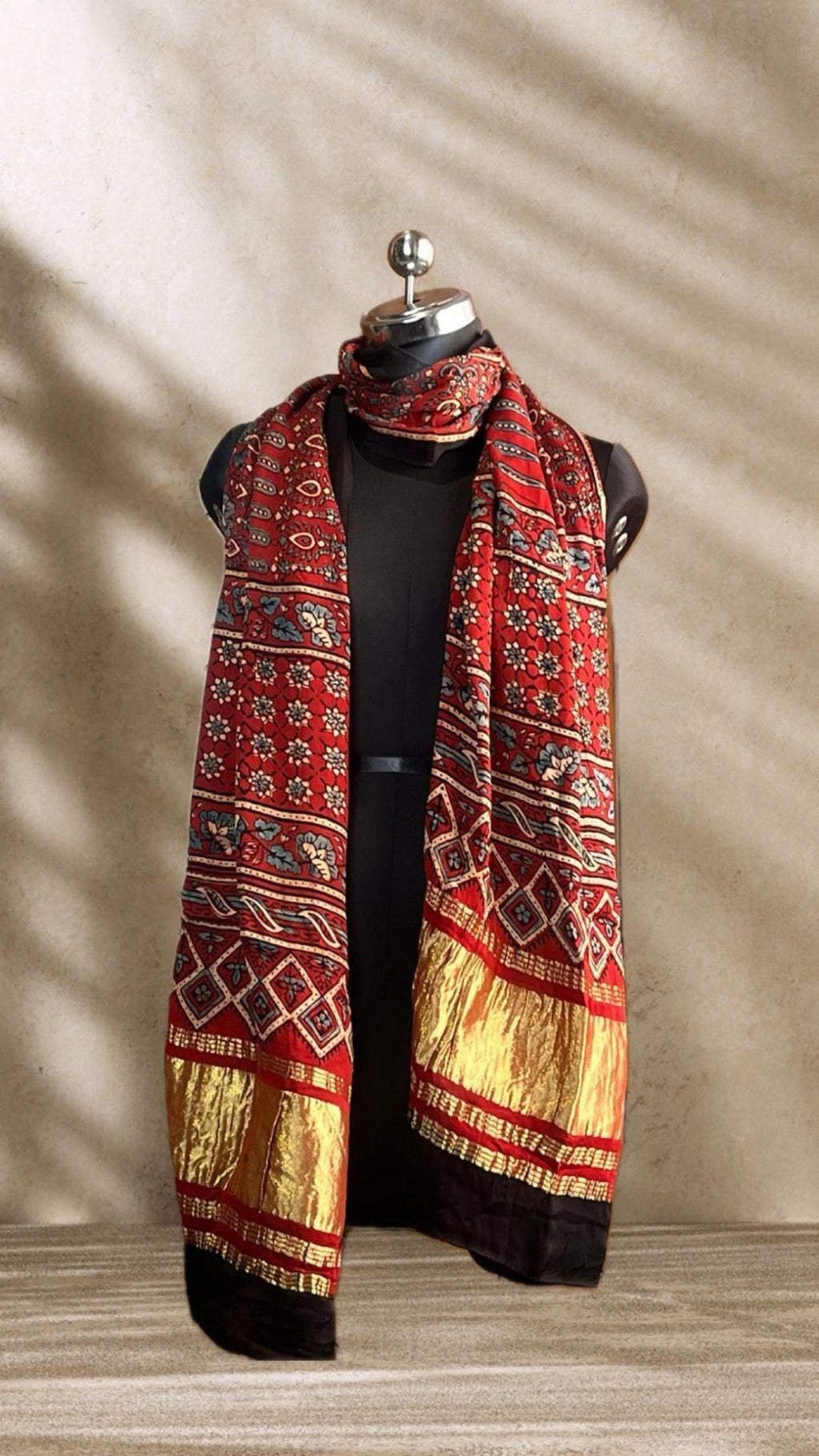 Mud Red Hand Block Print Natural Dyed Modal Silk Ajrakh Stole with Lagdi Patta - Neela Ghar