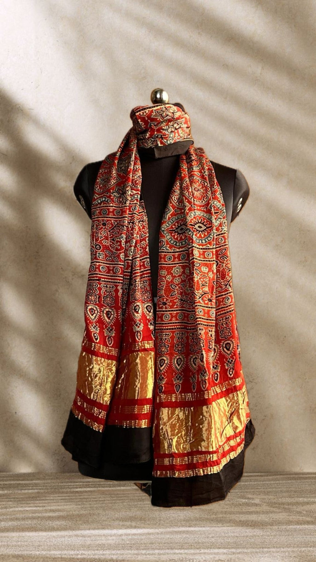Mud Red Signature Hand Block Print Natural Dyed Modal Silk Ajrakh Stole with Lagdi Patta - Neela Ghar
