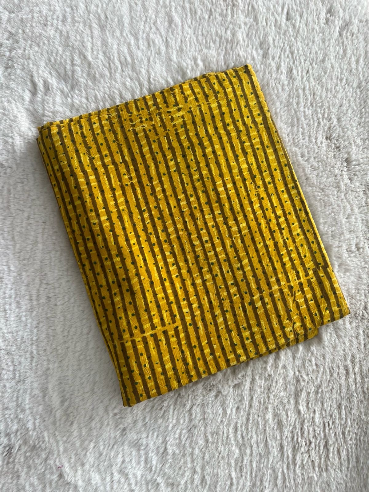 Mustard yellow stripes Hand Block Print Natural Dyed Cotton Ajrakh Fabric - Neela Ghar