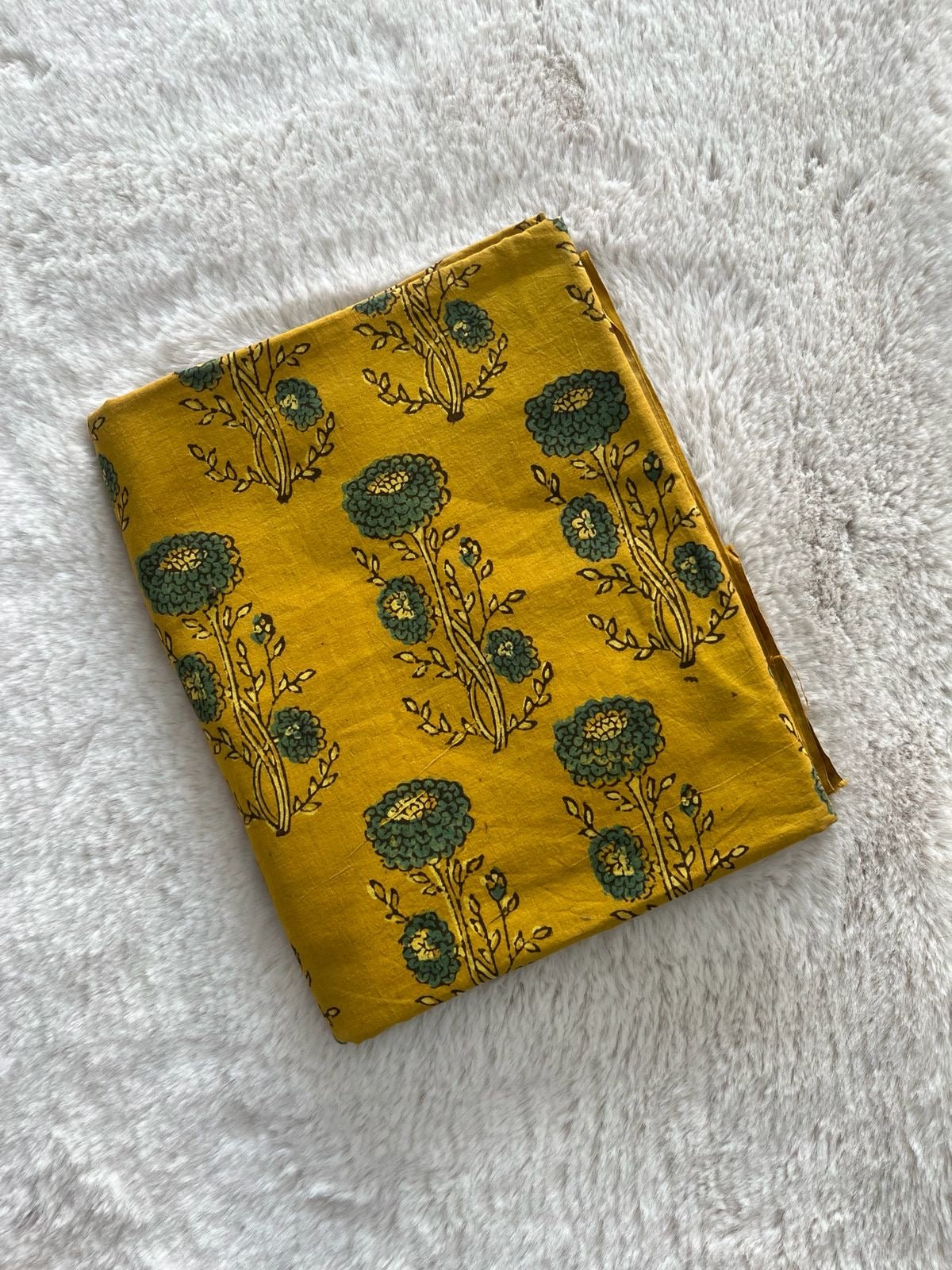 Mustard Yellow Sunflower Hand Block Print Natural Dyed Cotton Ajrakh Fabric - Neela Ghar