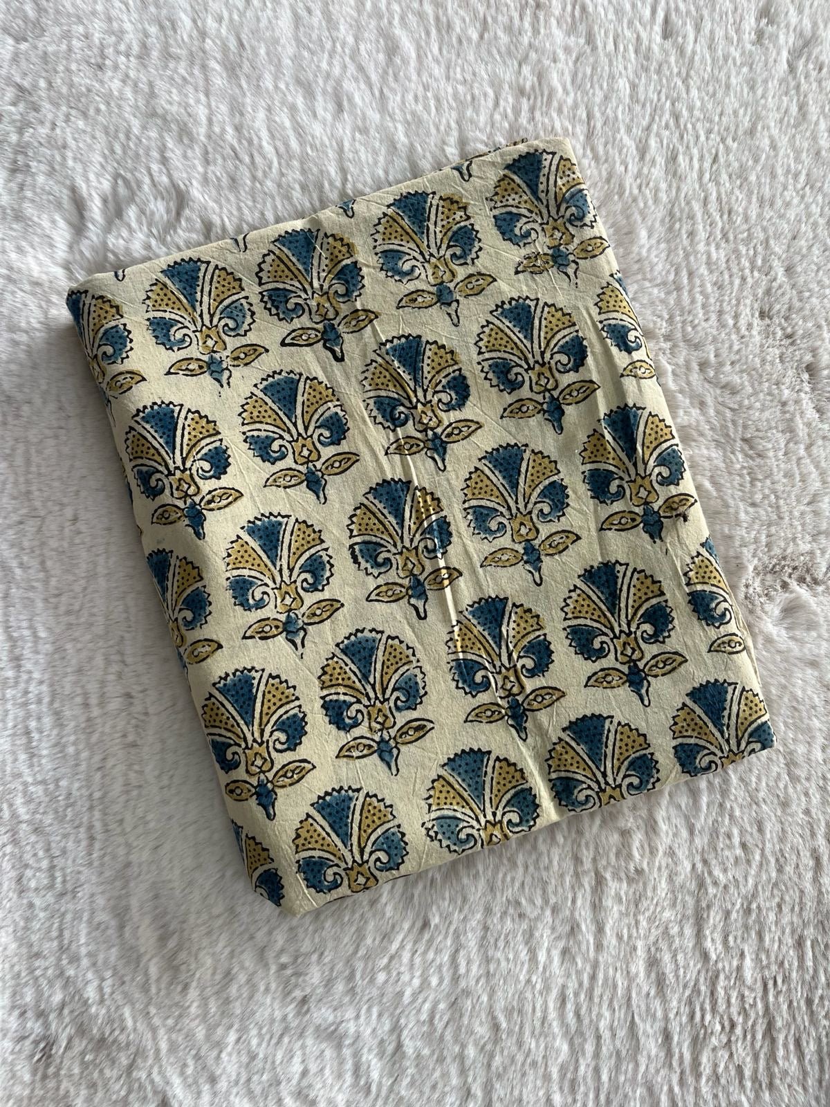 Off.White Lotus Block Print Natural Dyed Cotton Ajrakh Fabric - Neela Ghar