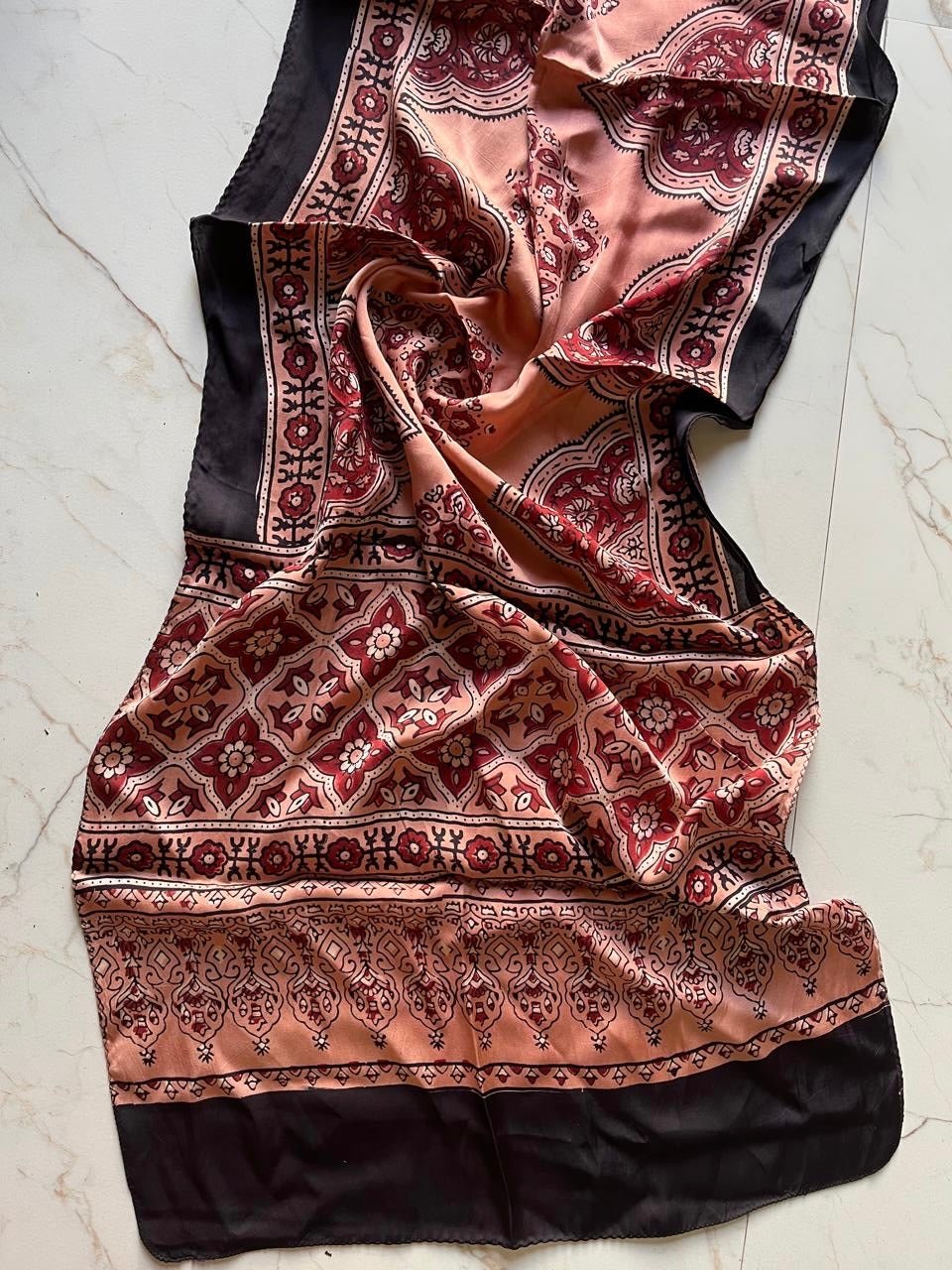 Peach Canopy Ajrakh Hand Block Printed Natural Dyed Modal Silk Stole - Neela Ghar