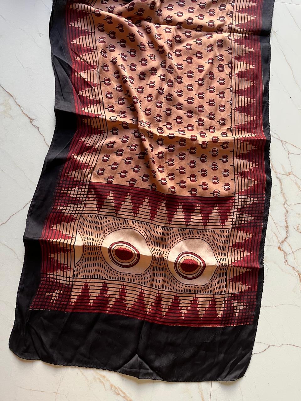 Peach Evileye Ajrakh Hand Block Printed Natural Dyed Modal Silk Stole - Neela Ghar