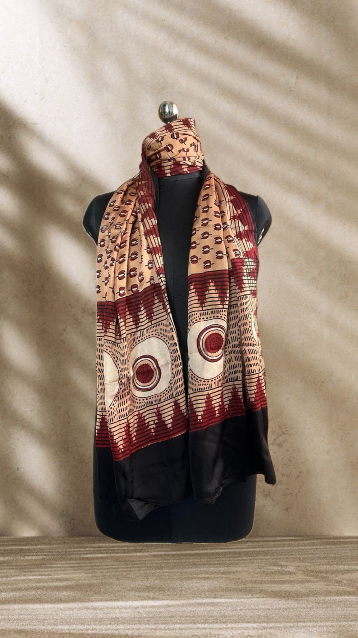 Peach Evileye Ajrakh Hand Block Printed Natural Dyed Modal Silk Stole - Neela Ghar