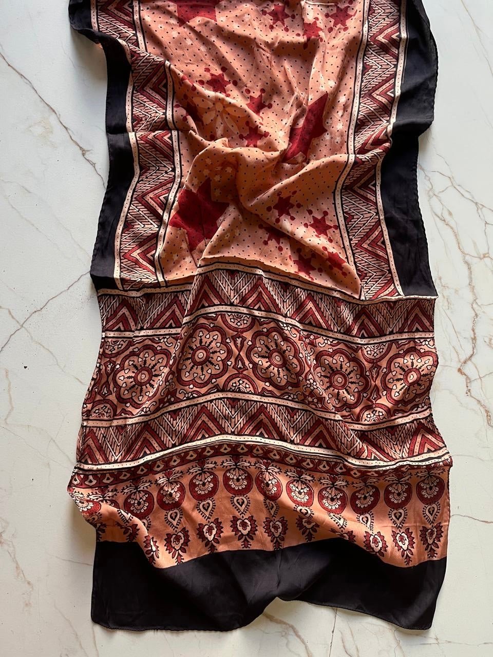 Peach Star Ajrakh Hand Block Printed Natural Dyed Modal Silk Stole - Neela Ghar