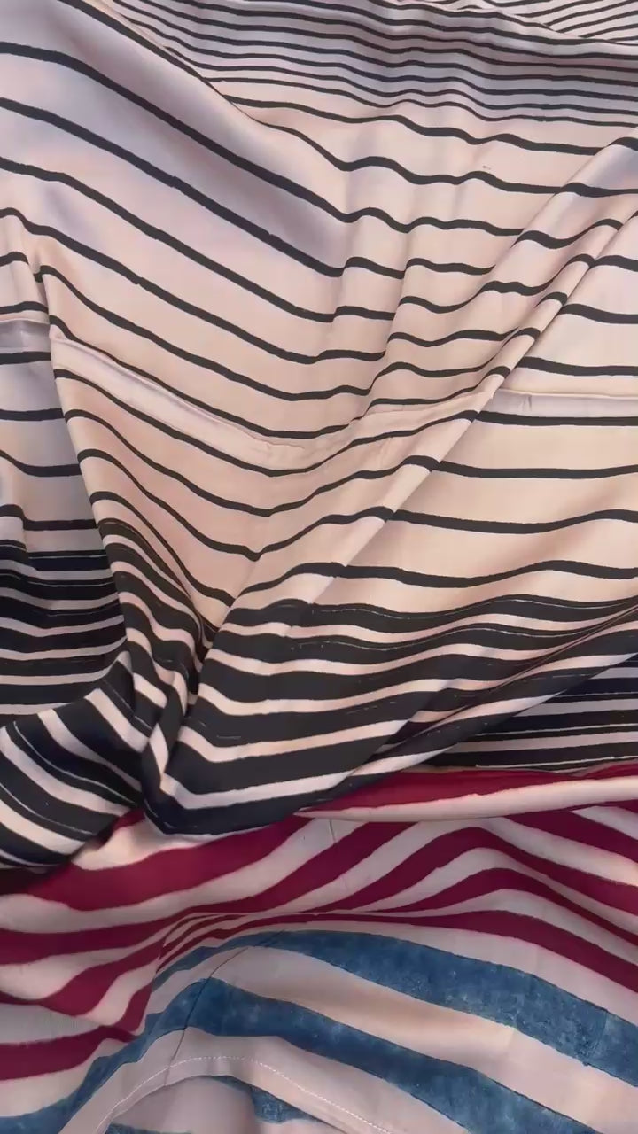 White Classic Horizontal Uneven Stripes Ajrakh Handblock Kaftan