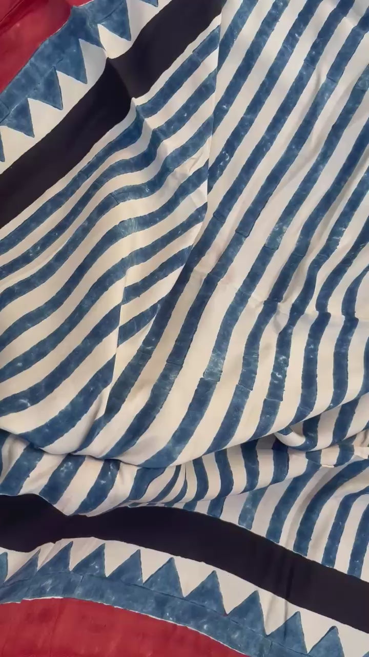White Blue Stripes Ajrakh Handblock Kaftan