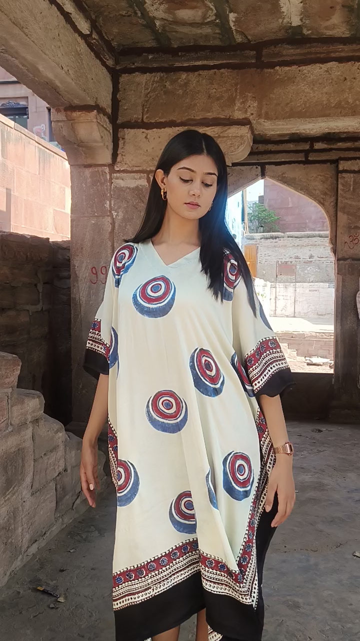 White Evil Eye Ajrakh Handblock Kaftan Dress