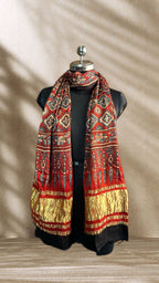 Red Hand Block Print Natural Dyed Modal Silk Ajrakh Stole with Lagdi Patta - Neela Ghar