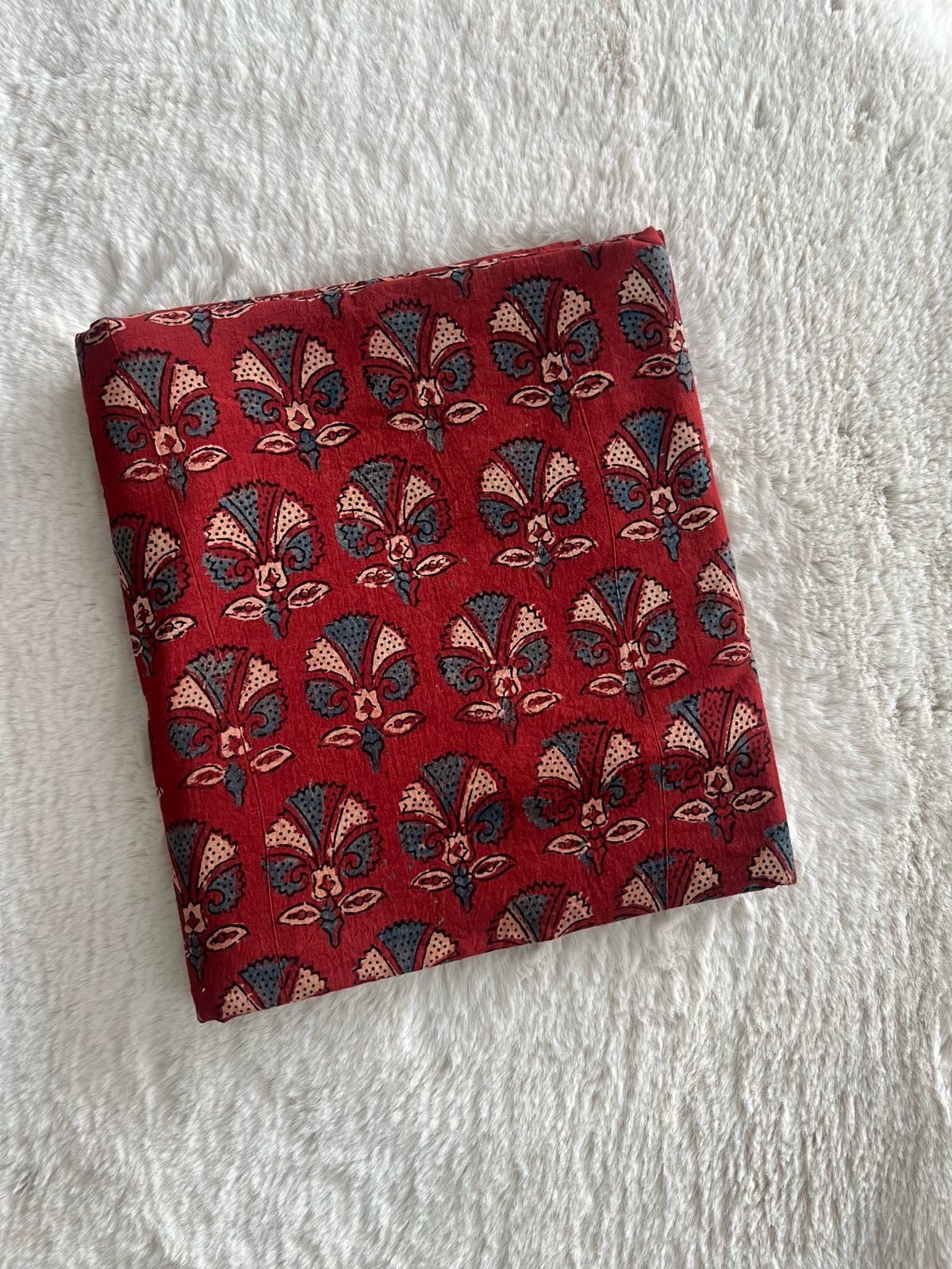 Red Lotus Block Print Natural Dyed Cotton Ajrakh Fabric - Neela Ghar