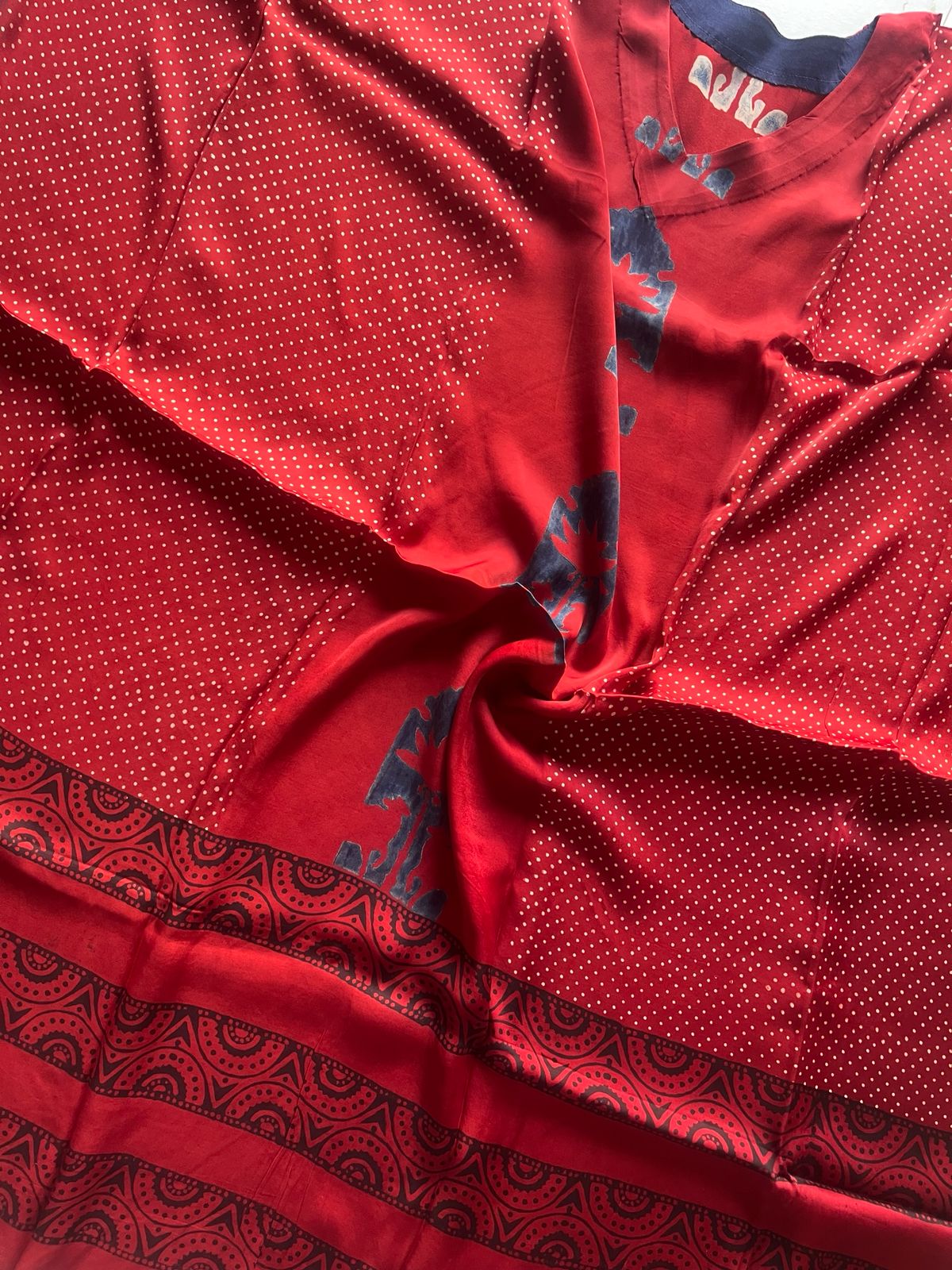 Red Temple Hand Block Print Ajarakh Kaftan Dress, Modal Silk, Indigo Blue Maxi for Women, Free Size - Neela Ghar