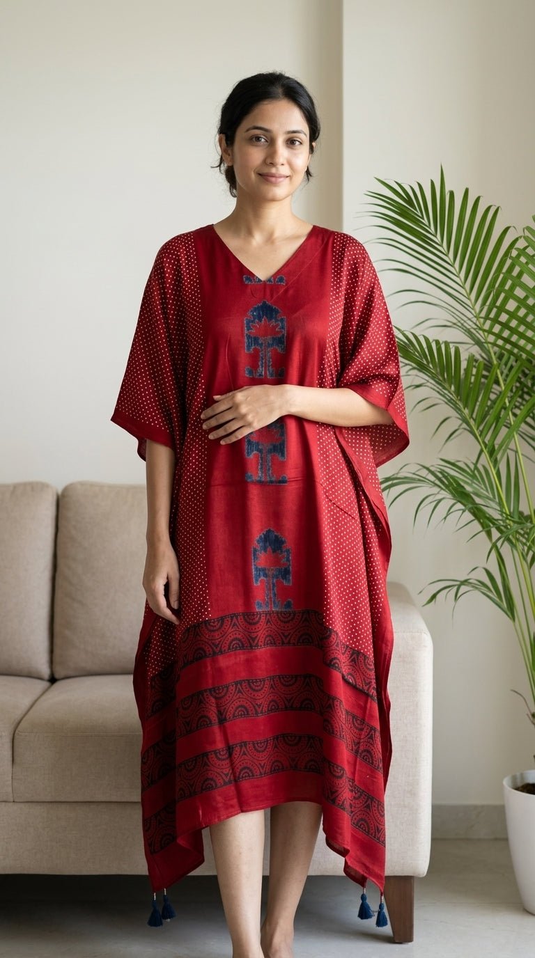 Red Temple Hand Block Print Ajarakh Kaftan Dress, Modal Silk, Indigo Blue Maxi for Women, Free Size - Neela Ghar
